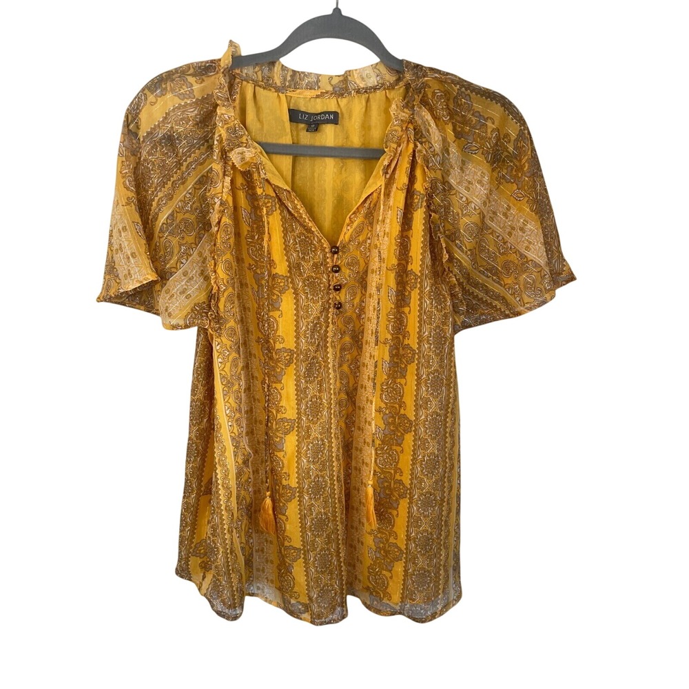 Liz Jordan Gold Paisley Boho Blouse – Metallic Shimmer Flutter‎ Sleeve Top –12
